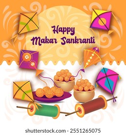
A imagem celebra Makar Sankranti com pipas coloridas diyas e tigelas de ladoos O texto Happy Makar Sankranti acrescenta à atmosfera festiva alegre






