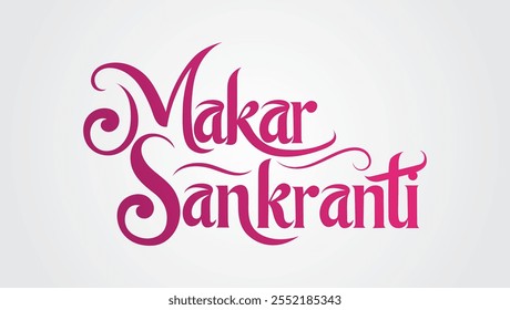 La Imagen celebra Makar Sankranti con Makar Sankranti escrito en una fuente decorativa de degradado de rosa a púrpura Los remolinos azules y blancos agregan un toque festivo de celebración






