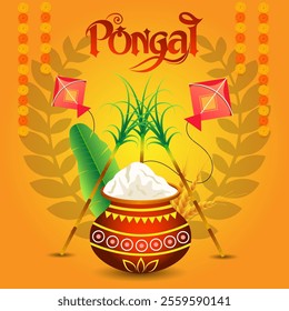 The image celebrates Pongal with a traditional clay pot of boiling milk and rice sugarcane banana leaves kites marigold garlands and the word Pongal in festive font