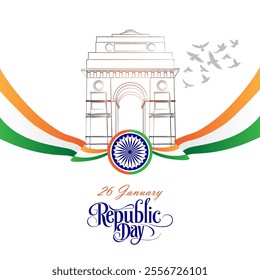 An image celebrating India s Republic Day featuring the iconic India Gate a flowing tricolor Indian flag, pigeons symbolizing peace and 26 January and Republic Day text