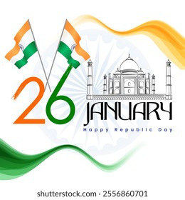 An image celebrating India's Republic Day featuring two waving Indian flags the iconic Taj Mahal at the center 26 January and Happy Republic Day text and a vibrant tricolor wavy background