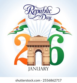 An image celebrating India's Republic Day with India Gate forming the number 26 three waving Indian flags 26 January and Republic Day text and a vibrant radial tricolor background






