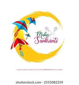 An image celebrating Makar Sankranti with colorful kites flying high a glowing yellow sun symbolizing the harvest season  and the text Happy Makar Sankranti in elegant calligraphy