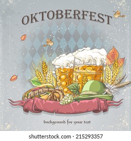 Image of a celebratory background Oktoberfest the steins of beer, hops, cones and autumn leaves.