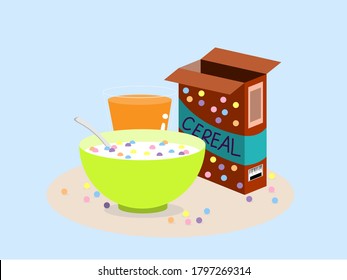 An image of cereals in green bowl and a glass of orange juice with scattered cereals on the floor near the bowl and a cereal box.