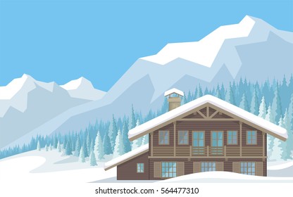 The image of a chalet in snowy mountains. Beautiful winter landscape. Vector background.