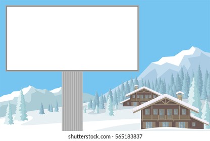 The image of a chalet in snowy mountains. Beautiful winter landscape. Vector background.