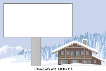 The image of a chalet in snowy mountains. Beautiful winter landscape. Vector background.