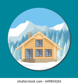 The image of a chalet in snowy mountains. Beautiful winter landscape. Vector background.