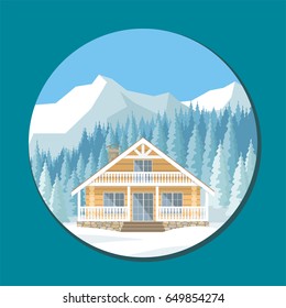 The image of a chalet in snowy mountains. Beautiful winter landscape. Vector background.