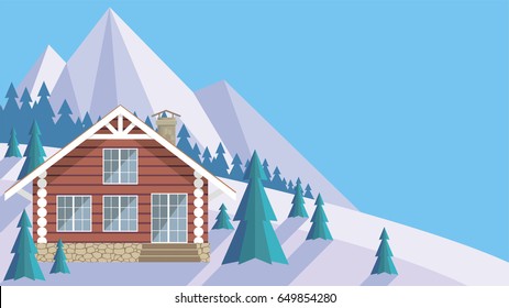 The image of a chalet in snowy mountains. Beautiful winter landscape. Vector background.