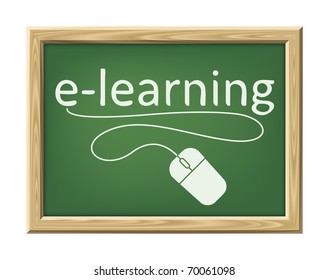 An image of a chalk board with the word e-learning and a mouse