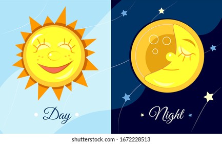 Image of a change of day and night, vector illustration with the sun and moon in the sky, smiling characters on a dark background, a blank for a child’s illustration