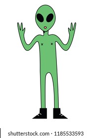 The image of the character-a green humanoid alien in boots. Vector drawing in color.