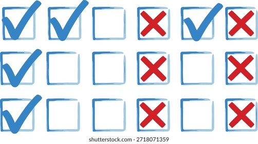 An image of checkboxes with blue checkmarks and red X's on a white background.