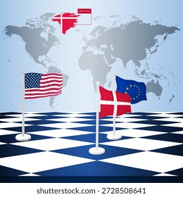 Uma imagem de um tabuleiro de xadrez com as bandeiras dos Estados Unidos, Dinamarca e da União Europeia, opostas umas às outras em um mastro. Ao fundo está um mapa-múndi com a Gronelândia destacada e marcada nas cores da bandeira dinamarquesa.