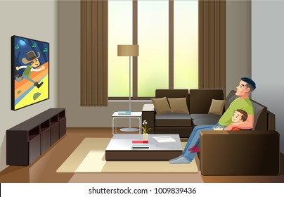 Image of cheerful father with his little cute son holding popcorn spend time together, are watching tv together. Concept Fatherhood child-rearing. Vector illustration