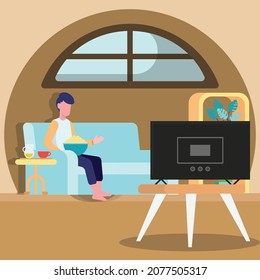 Image of cheerful young girl holding popcorn spend time are watching tv digital version. Vector colorful illustration.