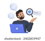 Image of cheerful young man standing isolated over white background using laptop computer. 3D cartoon style vector design illustrations. AI search, chatbot search