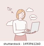 Image of cheerful young woman standing isolated over pink background using laptop computer. Hand drawn style vector design illustrations.