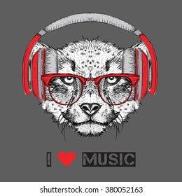 The image of the cheetah in the glasses and headphones. Vector illustration.