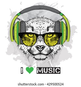 The image of the cheetah in the glasses and headphones. Vector illustration.