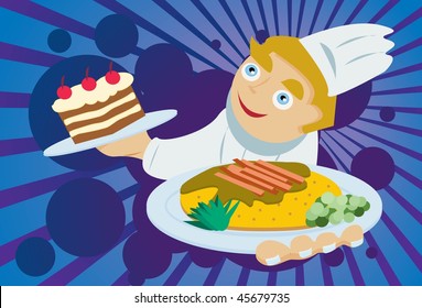  An image of a chef holding a main course in one hand and a huge slice of cake in the other