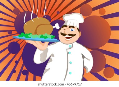 An image of a chef holding a plate of roast turkey