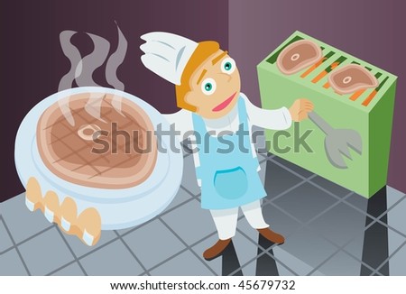  An image of chef holding a plate of sizzling steak in one hand and a fork in the other
