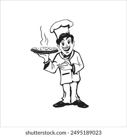 Image of a chef with a pizza. Black and white drawing on a white background. Drawn on a graphic tablet in the Adobe Illustrator program. The drawing is intended for printing.