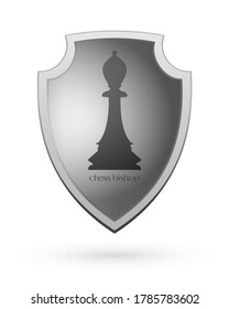 The image of a chess bishop on a shield. Chess concept design. Vector illustration