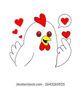 Image of a chicken on a white background boy. Children's drawing for product cover or packaging. Chicken meat, shows heart on fingers. Rooster depicting love