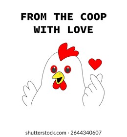 Image of a chicken on a white background boy. Children's drawing for product cover or packaging. Chicken meat, shows heart on fingers. Rooster depicting love
