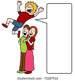 An image of a child jumping in the air with his family cheering him.