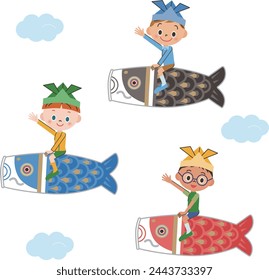 Image of children flying in the sky while sitting on carp streamers
