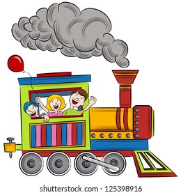 An image of a children riding on a train.