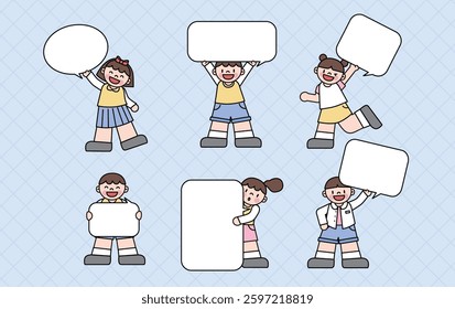 An image of children standing while holding speech bubbles.