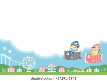 Image of Children's Day, cityscape with a boy and girl riding a carp streamer and an amusement park. Vector illustration with copy space