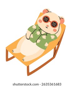 Imagem em estilo infantil. Hamster em uma camisa fica em uma cadeira lounge. Ilustração de vetor plano.