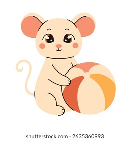 Image in children's style. Mouse holding a swimming ball. Flat vector illustration.