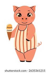 Image in children's style. Pig in a swimsuit eats ice cream. Flat vector illustration.
