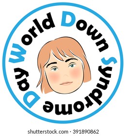 Image of the child's face with Down Syndrome. Down Syndrome World Day. Stamp.