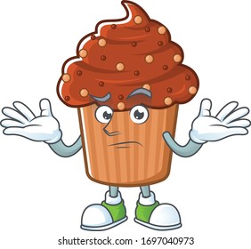 An image of chocolate cupcake in grinning mascot cartoon style