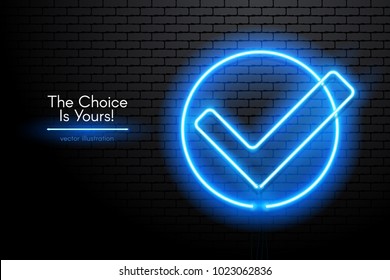 Image of a choice neon lamp made of neon lamps on a background in the form of a dark brick wall. Choice logo or emblem with bright neon light.