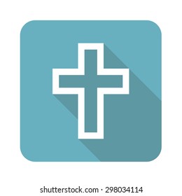 Image of christian cross in blue square, isolated on white