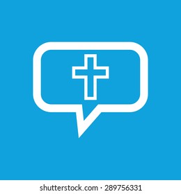 Image of christian cross in chat bubble, isolated on blue