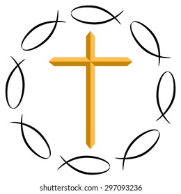 An image of the Christian cross surrounded by ichthys symbols.