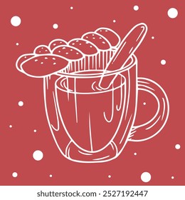 Image of Christmas alcoholic drink based on wine, fresh fruits with cognac and sweet bun-braid on top of the glass. Good for posts, stories, brochures, advertising, design