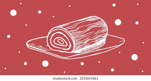Image of a Christmas cake in the form of a chocolate log lying on a rectangular plate. White and red colors are used. Can be used in advertising, design, brochures, banners.