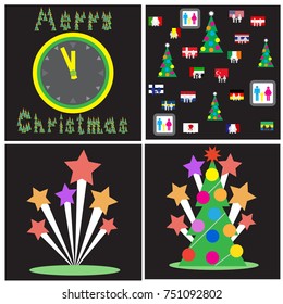 An image of a Christmas clock, Christmas trees, fireworks. Retro image. Print for the designer. The avatar element for the player. A business card for the holiday. Image of Christmas icons.